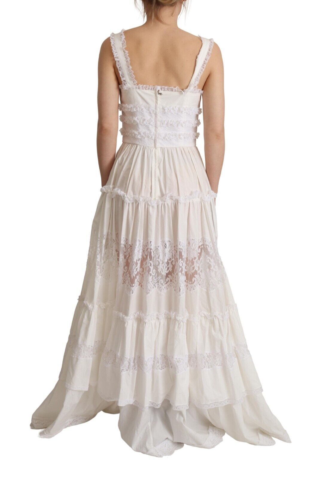 Robe longue trapèze étagée en coton blanc Dolce & Gabbana
