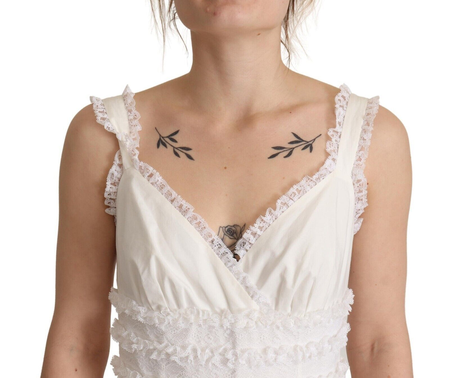 Robe longue trapèze étagée en coton blanc Dolce & Gabbana