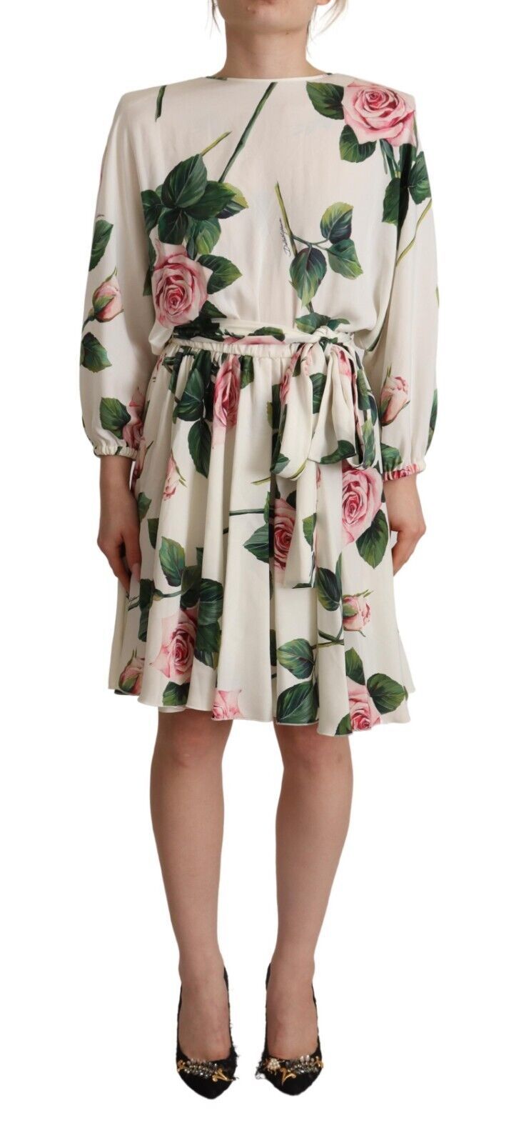 Robe longue à manches longues Dolce & Gabbana avec imprimé roses blanches