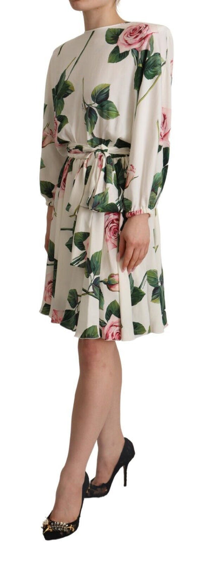 Robe longue à manches longues Dolce & Gabbana avec imprimé roses blanches