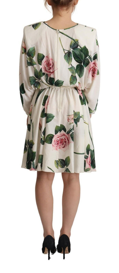 Robe longue à manches longues Dolce & Gabbana avec imprimé roses blanches