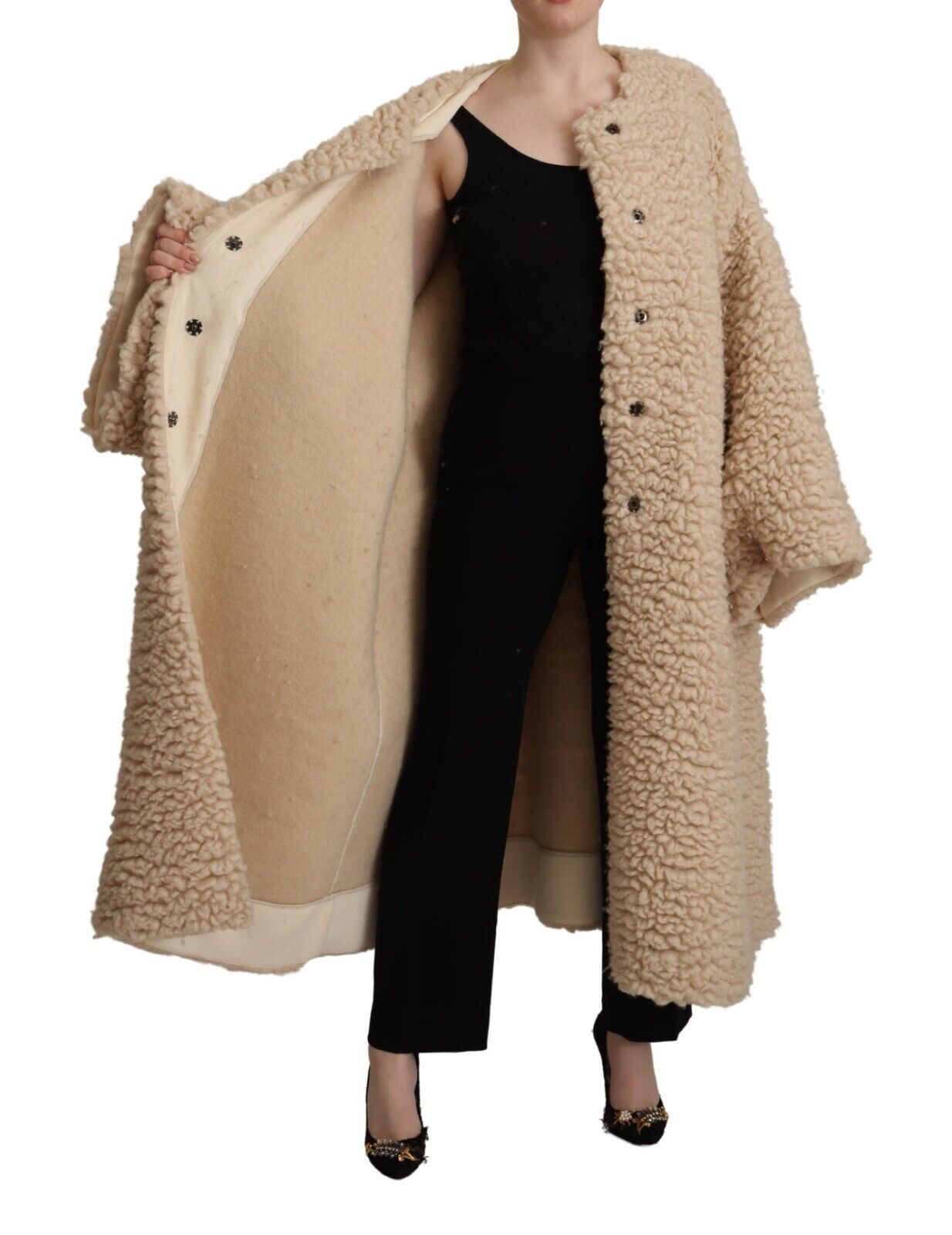 Dolce & Gabbana Veste Manteau Beige en Cachemire Laine Fausse Fourrure