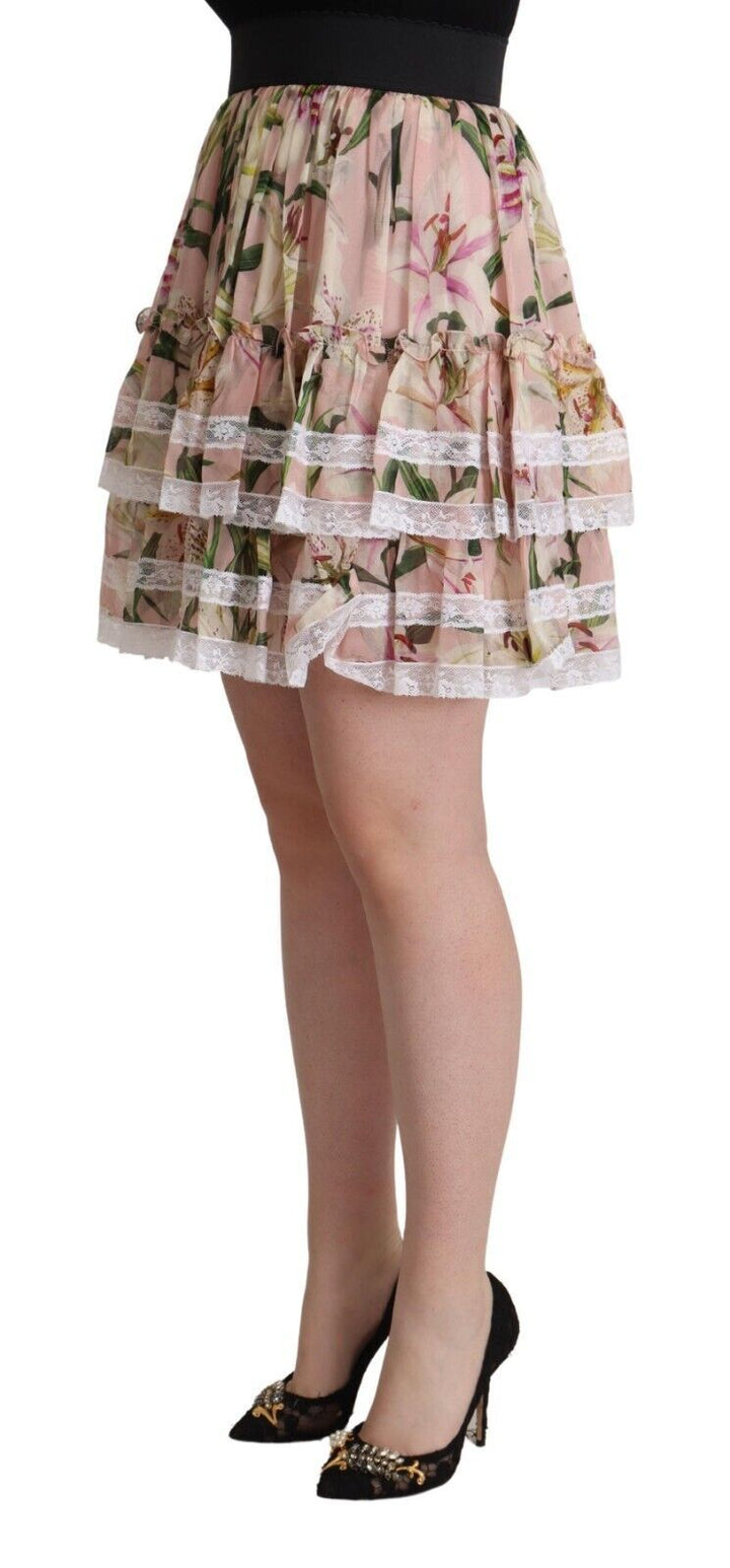 Minifalda acampanada de seda estampada con lirios rosados de Dolce & Gabbana