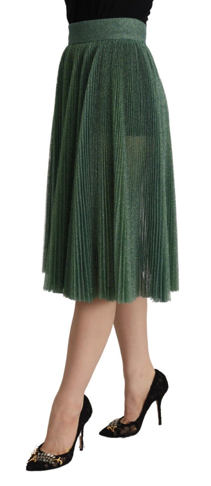 Falda plisada de talle alto con vuelo metalizada verde de Dolce & Gabbana