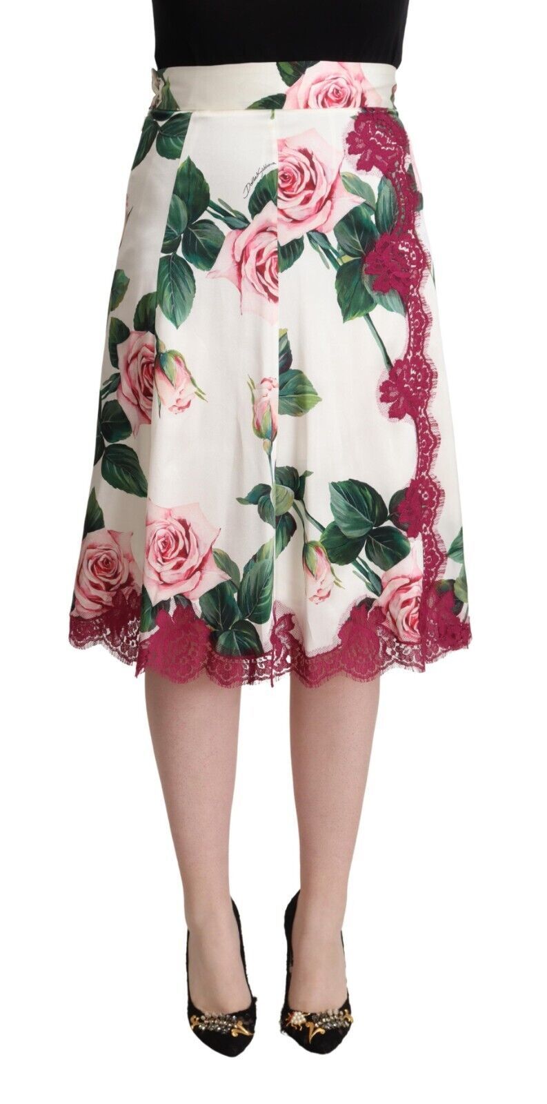 Jupe midi trapèze taille haute à imprimé rose blanc Dolce & Gabbana
