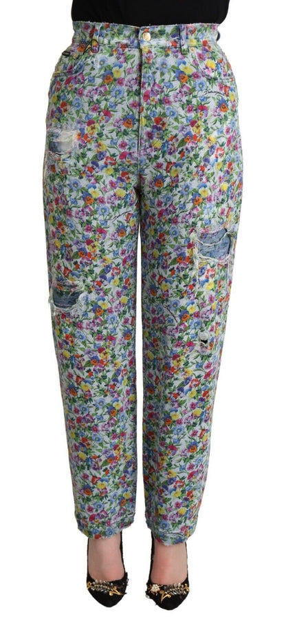 Jean fuselé en denim à taille haute et imprimé floral bleu Dolce & Gabbana