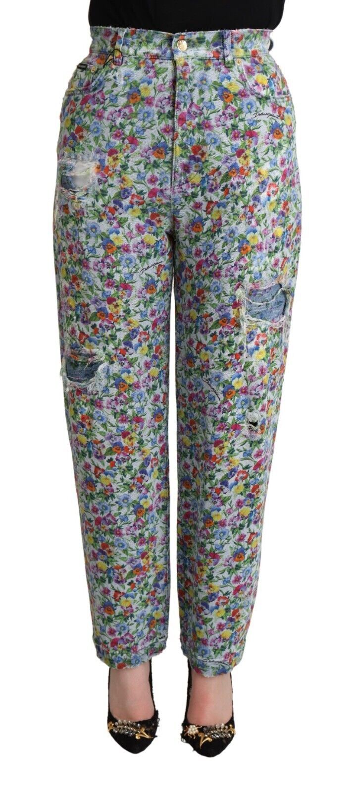 Jeans cónicos de mezclilla de talle alto con estampado floral azul de Dolce & Gabbana