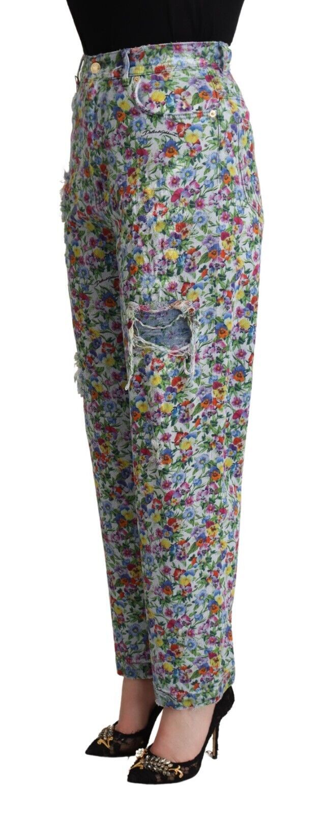 Jeans cónicos de mezclilla de talle alto con estampado floral azul de Dolce & Gabbana