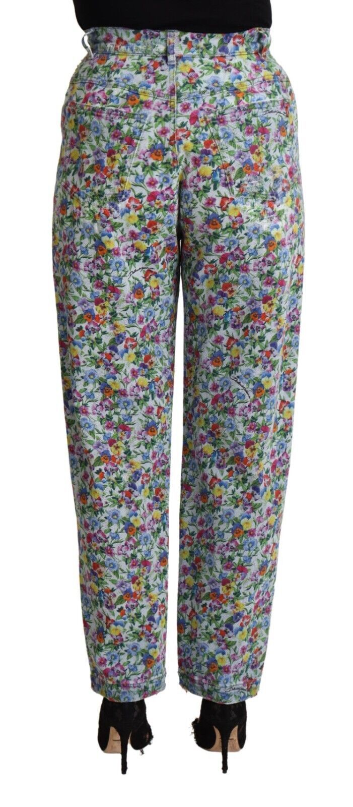 Jean fuselé en denim à taille haute et imprimé floral bleu Dolce & Gabbana