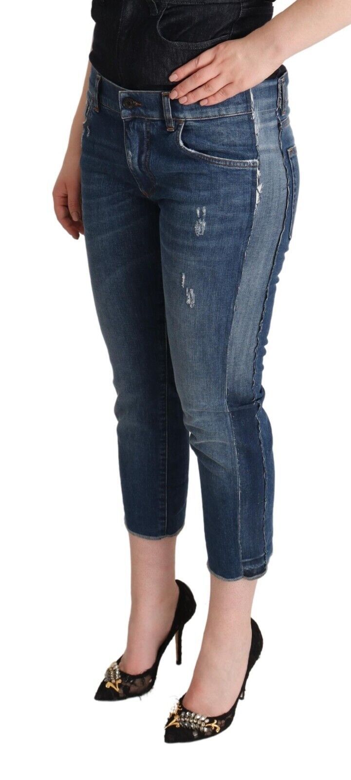 Jean court Dolce & Gabbana en denim bleu délavé taille mi-haute à logo