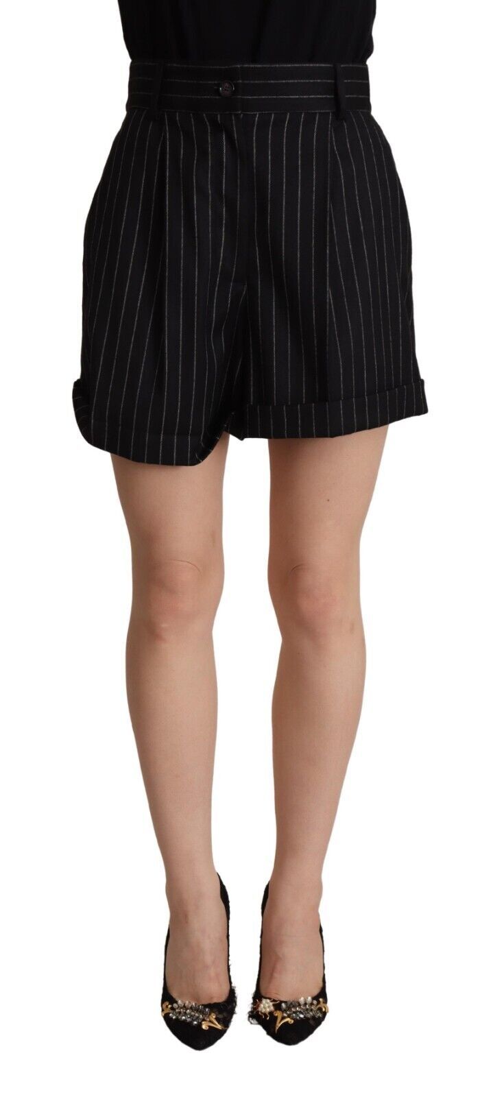 Pantalones cortos bermuda de lana de talle alto con rayas negras de Dolce & Gabbana