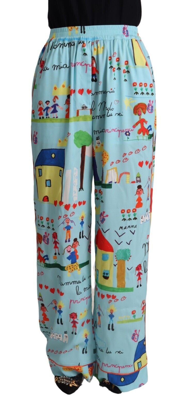 Pantalon large taille mi-haute Dolce & Gabbana Light Blue Drawing