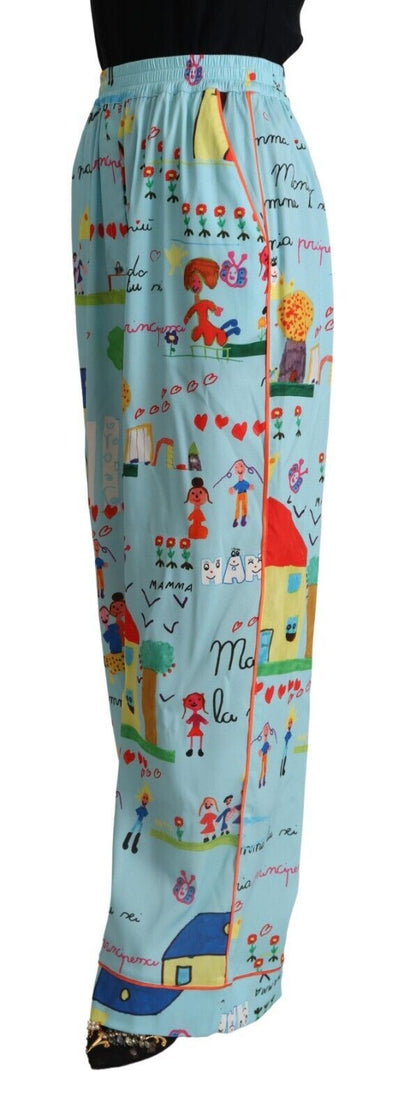 Pantalon large taille mi-haute Dolce & Gabbana Light Blue Drawing