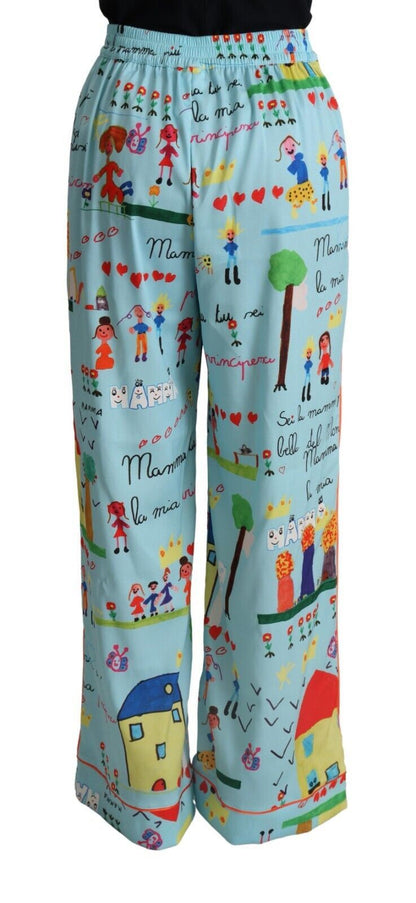 Pantalon large taille mi-haute Dolce & Gabbana Light Blue Drawing