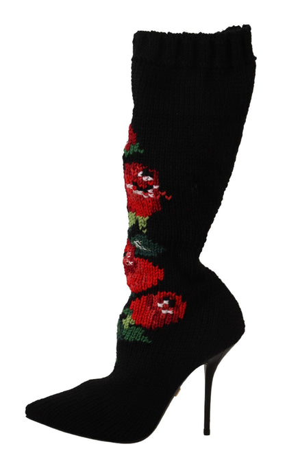 Chaussures bottines Dolce & Gabbana en maille extensible noire à roses rouges
