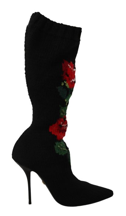 Chaussures bottines Dolce & Gabbana en maille extensible noire à roses rouges