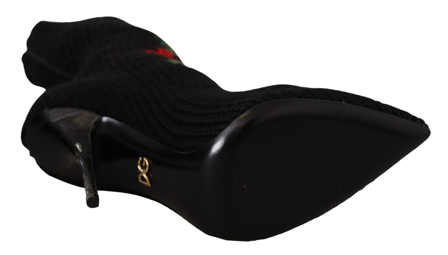 Chaussures bottines Dolce & Gabbana en maille extensible noire à roses rouges