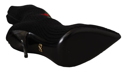 Chaussures bottines Dolce & Gabbana en maille extensible noire à roses rouges