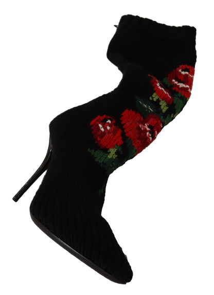Chaussures bottines Dolce & Gabbana en maille extensible noire à roses rouges