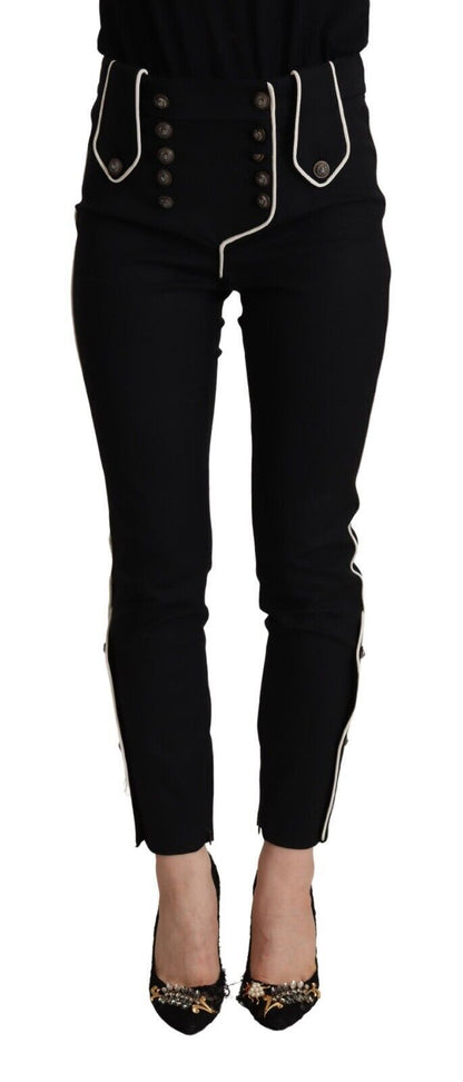 Pantalon slim noir Dolce & Gabbana à taille mi-haute et boutons décoratifs