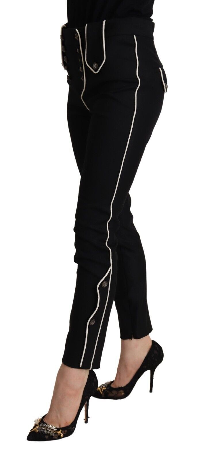 Pantalon slim noir Dolce & Gabbana à taille mi-haute et boutons décoratifs