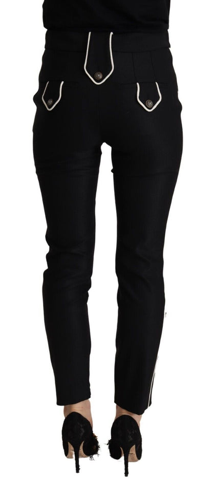 Pantalon slim noir Dolce & Gabbana à taille mi-haute et boutons décoratifs