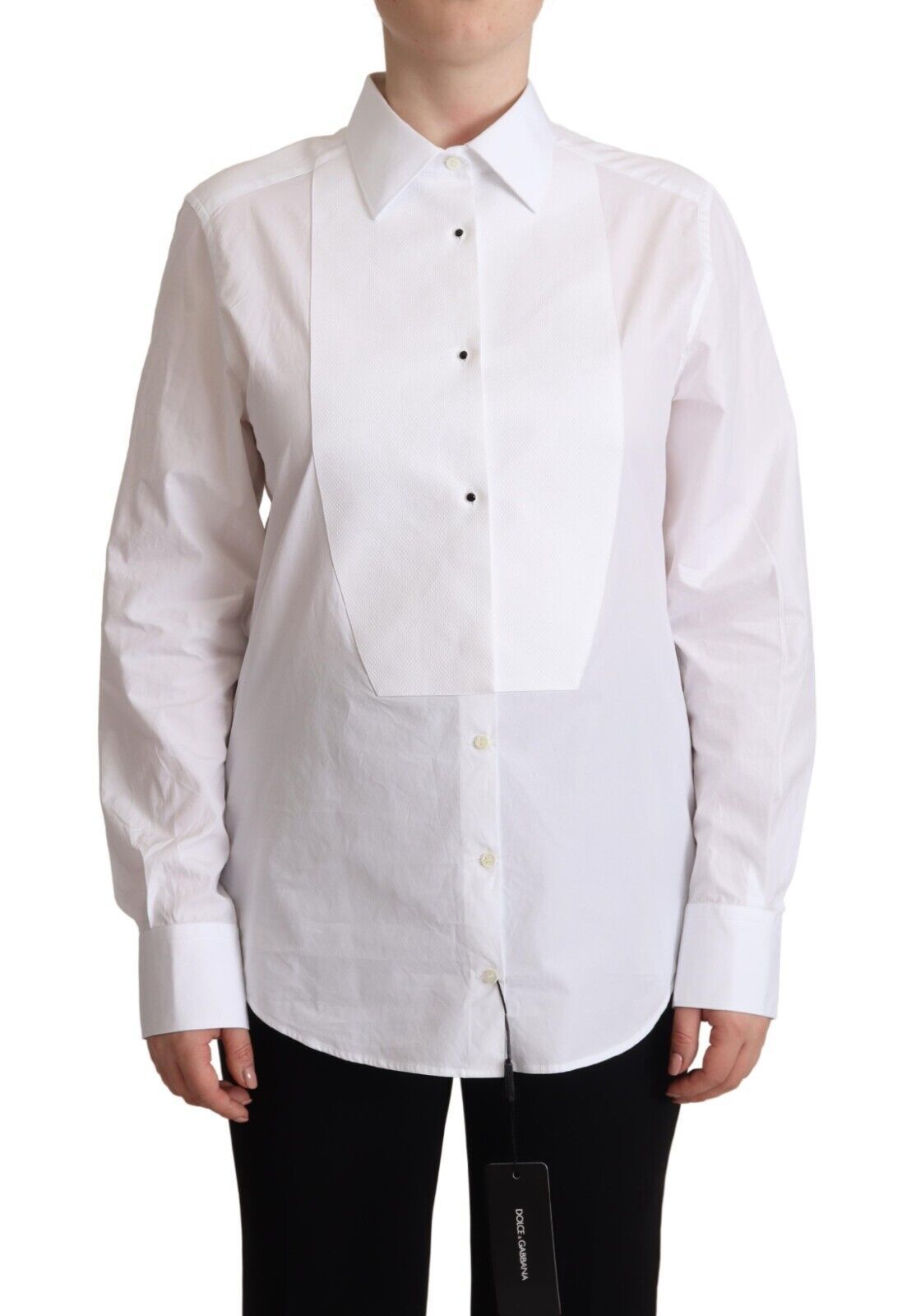 Dolce & Gabbana Vestido blanco de algodón con cuello, manga larga, tipo camisa