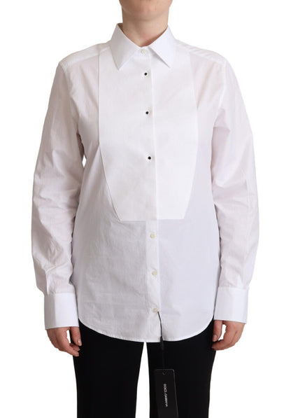 Dolce & Gabbana Vestido blanco de algodón con cuello, manga larga, tipo camisa
