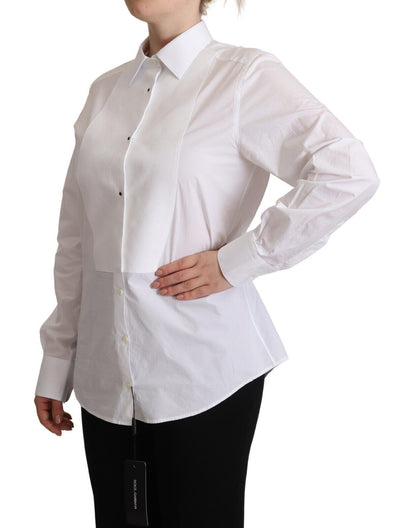 Dolce & Gabbana Vestido blanco de algodón con cuello, manga larga, tipo camisa