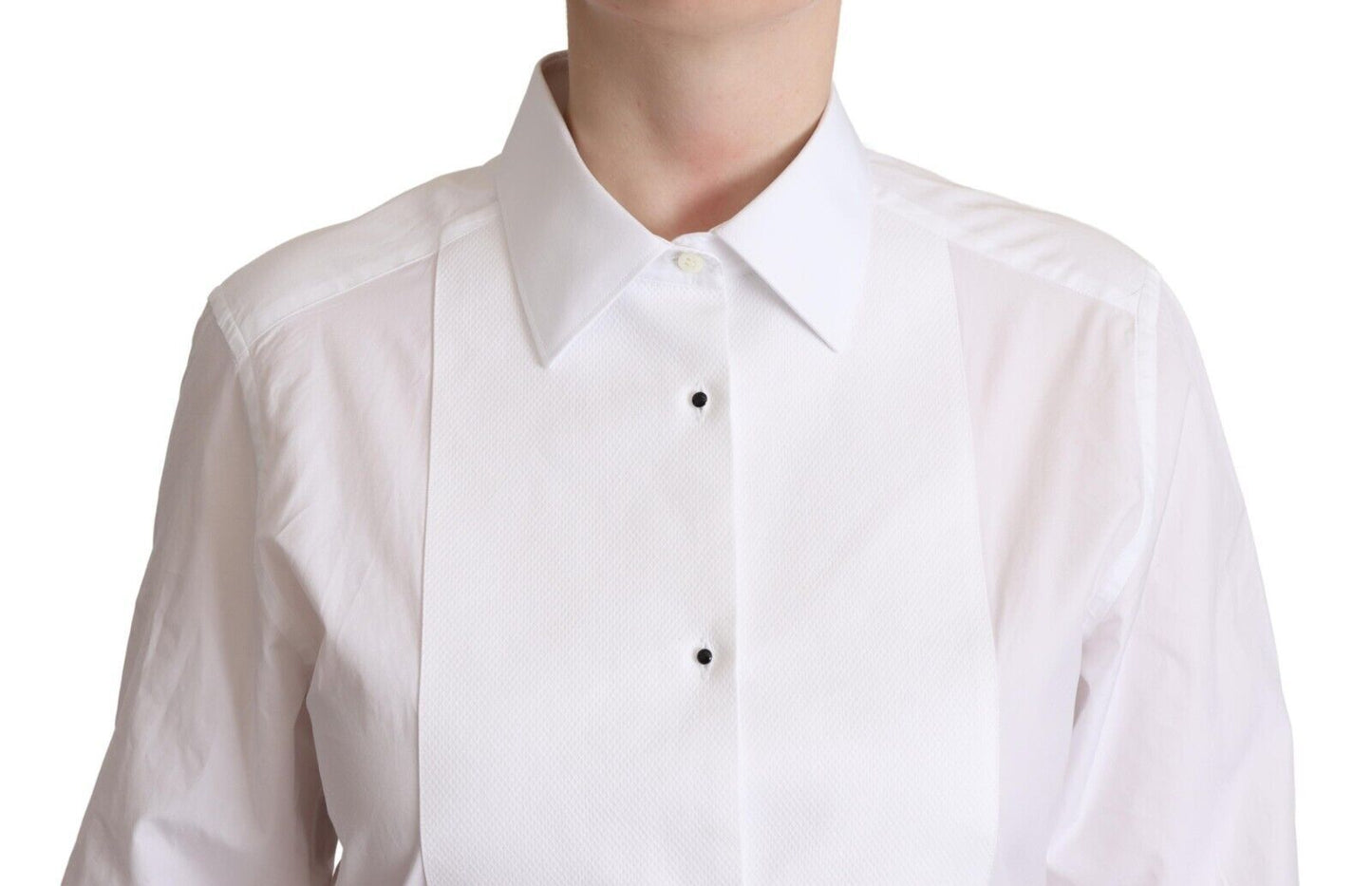 Dolce & Gabbana Vestido blanco de algodón con cuello, manga larga, tipo camisa