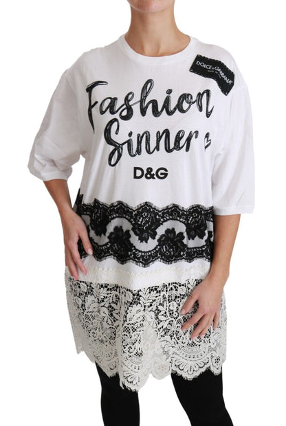 T-shirt Top en dentelle de coton blanc Fashion Sinner Dolce & Gabbana