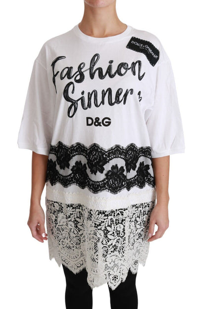 T-shirt Top en dentelle de coton blanc Fashion Sinner Dolce & Gabbana