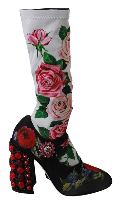 Bottes chaussettes en jersey et cristaux à fleurs noires Dolce & Gabbana