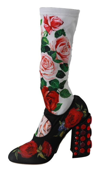 Bottes chaussettes en jersey et cristaux à fleurs noires Dolce & Gabbana