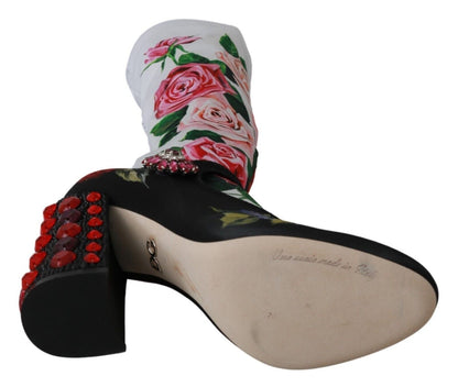 Bottes chaussettes en jersey et cristaux à fleurs noires Dolce & Gabbana