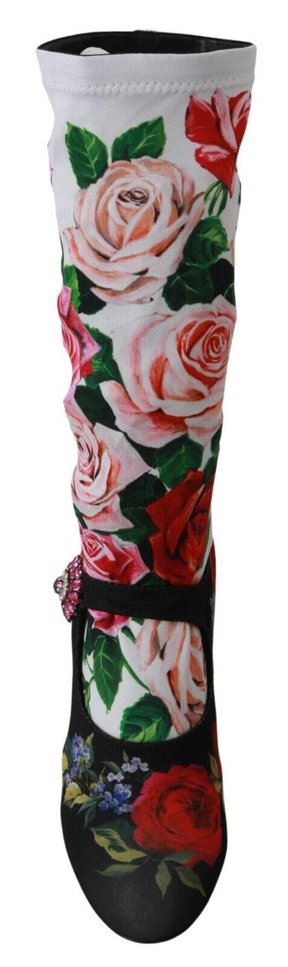 Bottes chaussettes en jersey et cristaux à fleurs noires Dolce & Gabbana