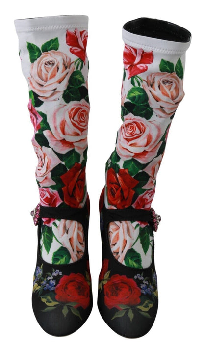 Bottes chaussettes en jersey et cristaux à fleurs noires Dolce & Gabbana