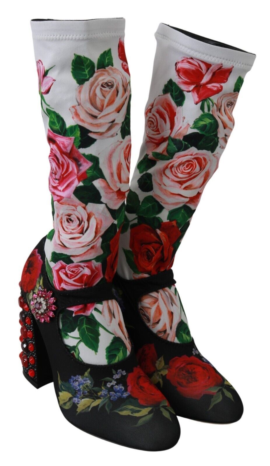 Bottes chaussettes en jersey et cristaux à fleurs noires Dolce & Gabbana