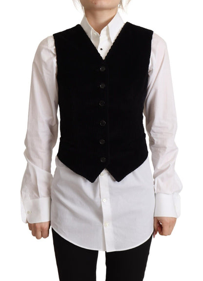Haut gilet Dolce & Gabbana en velours côtelé noir à col en V et motif léopard, boutonné