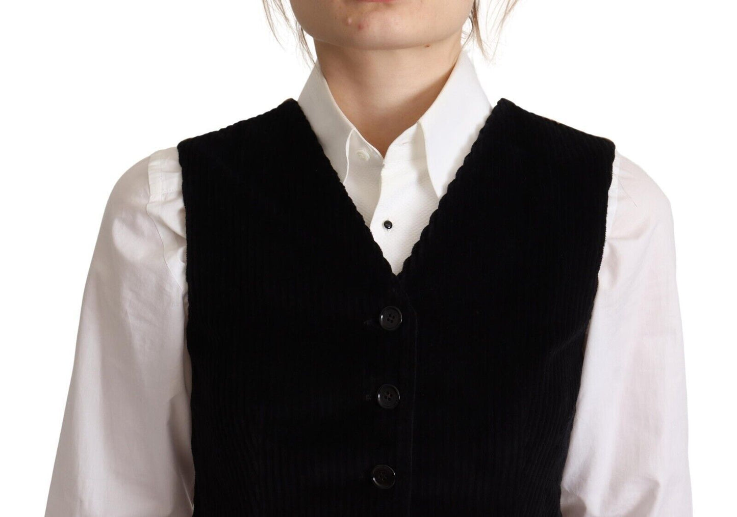 Haut gilet Dolce & Gabbana en velours côtelé noir à col en V et motif léopard, boutonné