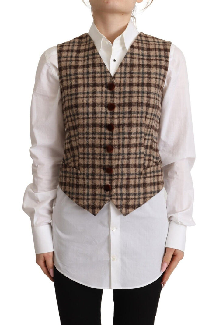 Top de chaleco sin mangas con cuello de pico, a cuadros marrones y estampado de leopardo, de Dolce & Gabbana