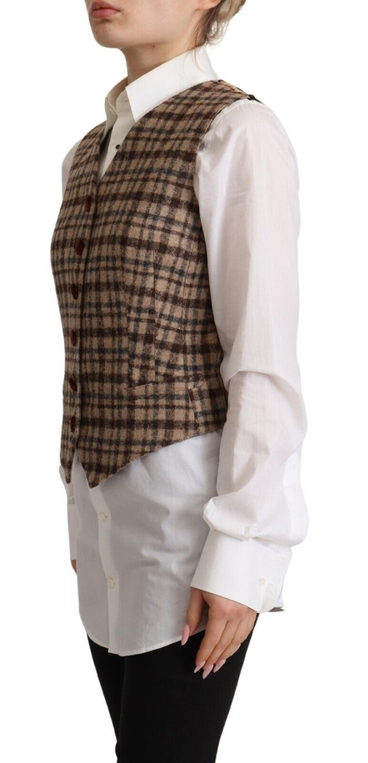 Top de chaleco sin mangas con cuello de pico, a cuadros marrones y estampado de leopardo, de Dolce & Gabbana