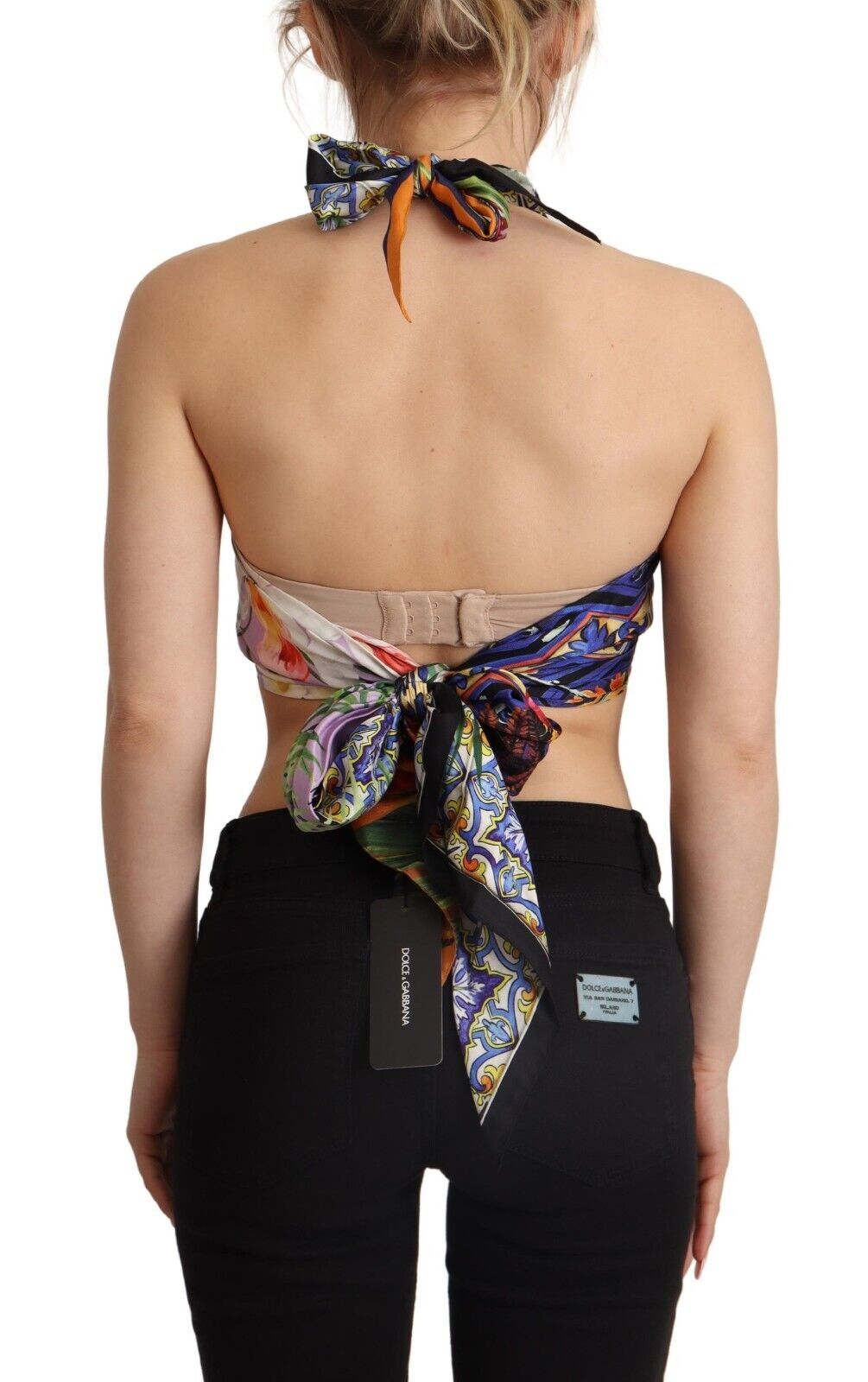 Top court Dolce & Gabbana en soie à motif foulard multicolore avec col licou