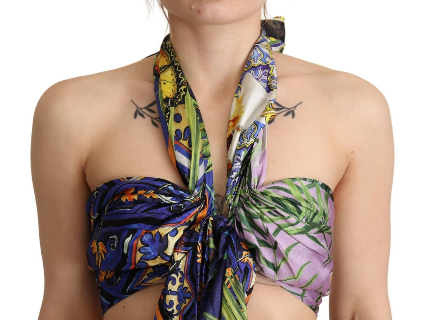 Top court Dolce & Gabbana en soie à motif foulard multicolore avec col licou