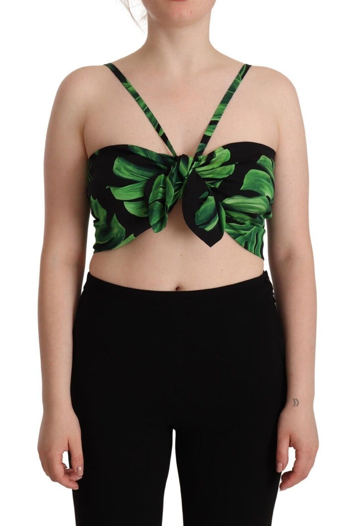 Top corto halter de seda con estampado de hojas en negro y verde de Dolce & Gabbana