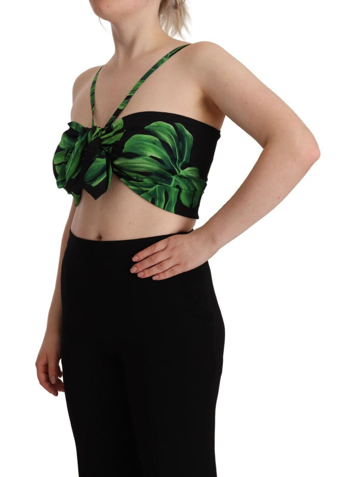 Top corto halter de seda con estampado de hojas en negro y verde de Dolce & Gabbana