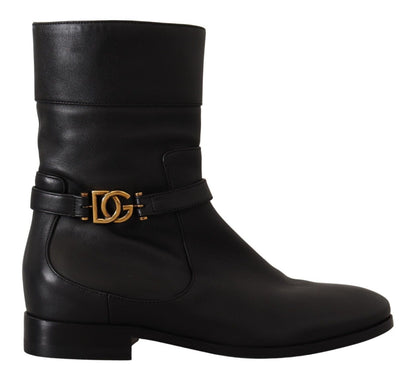 Chaussures Bottines Courtes Plates en Cuir Noir à Logo Dolce & Gabbana