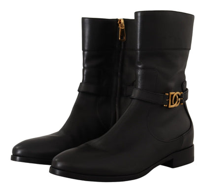 Chaussures Bottines Courtes Plates en Cuir Noir à Logo Dolce & Gabbana
