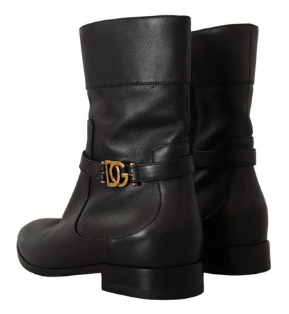 Chaussures Bottines Courtes Plates en Cuir Noir à Logo Dolce & Gabbana