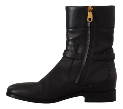 Chaussures Bottines Courtes Plates en Cuir Noir à Logo Dolce & Gabbana